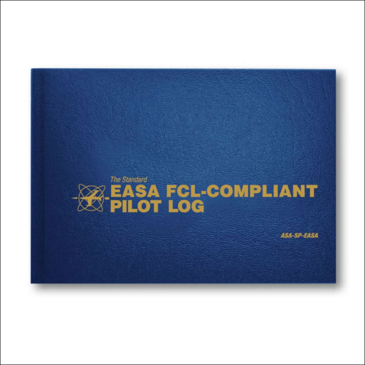 Blauw pilotenlogboek met gouden tekst "EASA FCL-COMPLIANT PILOT LOG" op de voorkant.