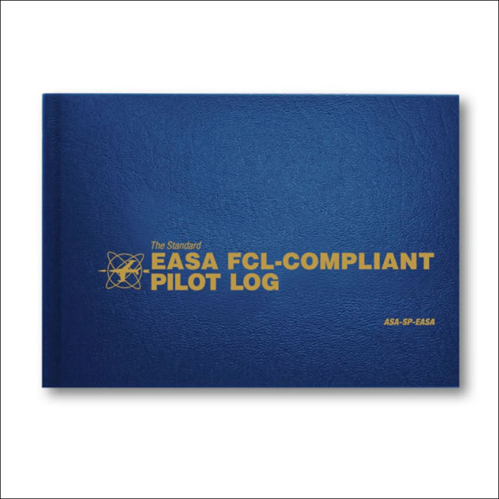Blauw pilotenlogboek met gouden tekst "EASA FCL-COMPLIANT PILOT LOG" op de voorkant.