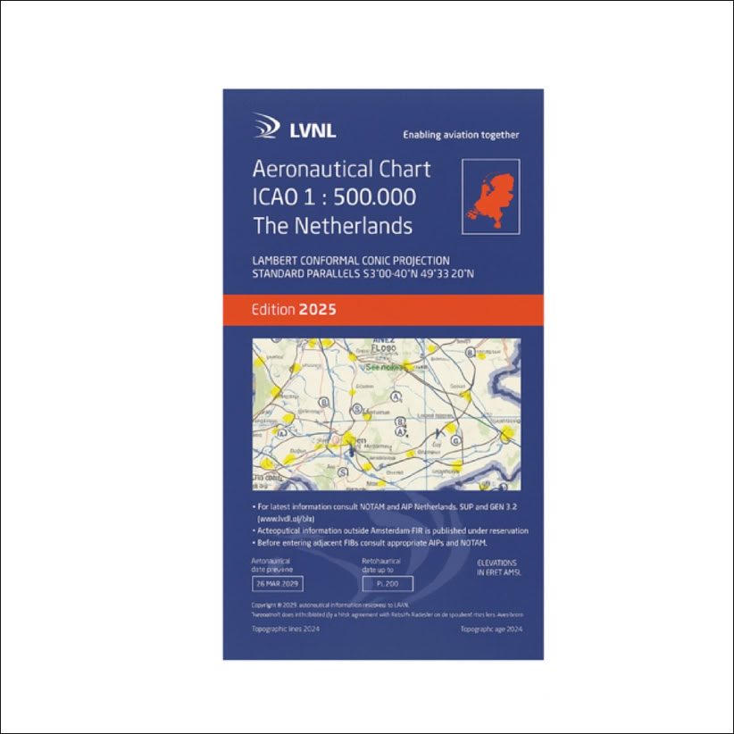 Luchtvaartkaart met tekst "Aeronautical Chart ICAO 1:500.000 The Netherlands" en een kleine kaart van Nederland. Onder de tekst is een gedetailleerde kaart zichtbaar.