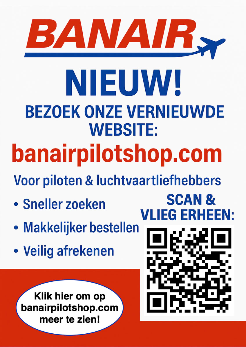 Reclameposter voor BanAir met tekst over een vernieuwde website, inclusief URL banairpilotshop.com, voordelen zoals sneller zoeken en veilig afrekenen, en een QR-code.