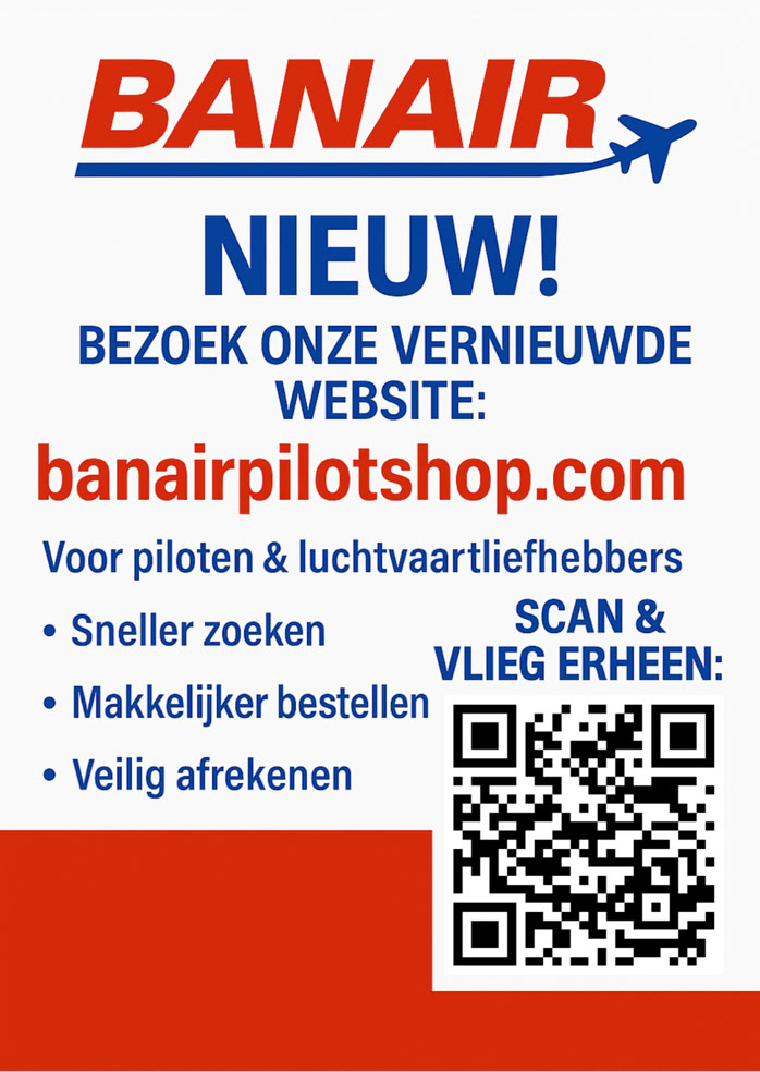 Advertentie met tekst over een vernieuwde website voor piloten en luchtvaartliefhebbers, inclusief een QR-code.