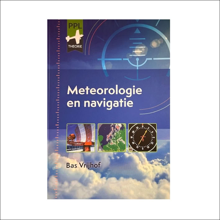 Boekomslag met de titel "Meteorologie en navigatie", afbeeldingen van wolken, een radar, een kompas en een vliegtuig.