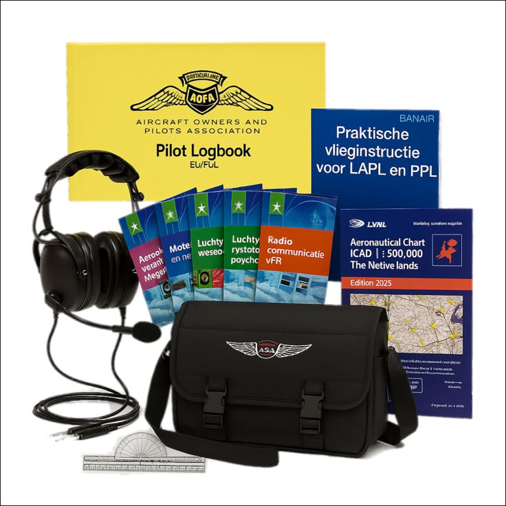 Startset voor leerling-piloten: Een headset, een geel piloten logboek, meerdere kleurrijke boeken en kaarten, en een zwarte schoudertas met een vleugel-embleem.