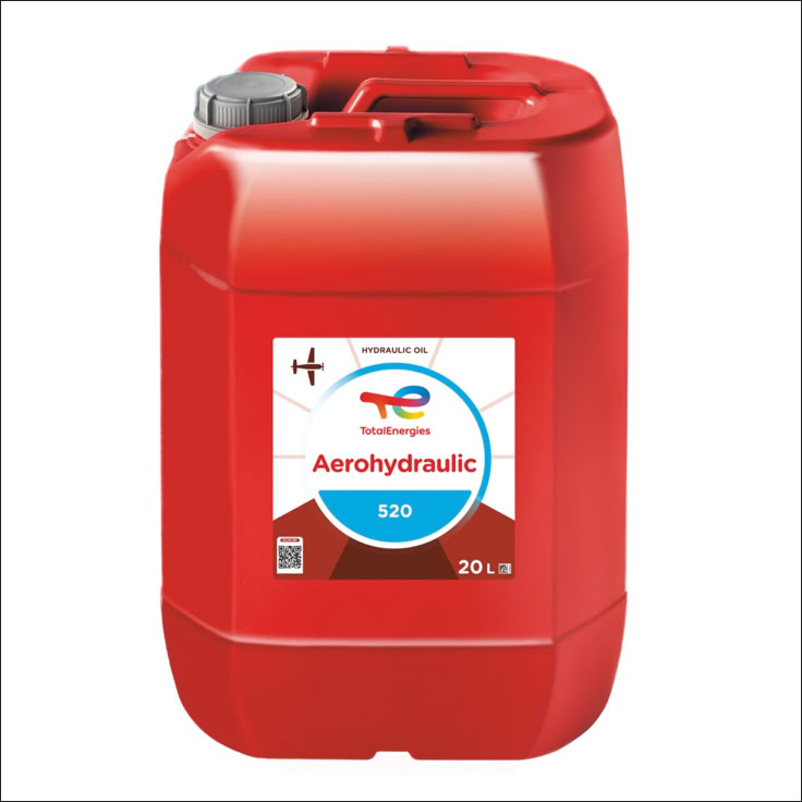 Rode kunststof jerrycan met een etiket waarop "Total Aerohydraulic 520" staat, en een zilverkleurige dop aan de bovenkant.